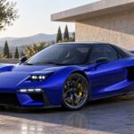 Blue JAS Tensei NSX restomod with pop-up headlights and dark wheels outside a modern villa.